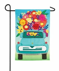 Flash Sale 🔔 Evergreen Mint Flower Truck Garden Linen Flag - 14L8908BL - Garden Flags 👍