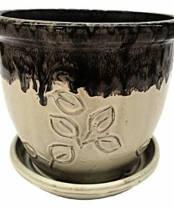 Wholesale 🤩 Various Brands Embossed Planter with Attached Saucer, Black/Cream, Small - R358BKCS - Planters ❤️