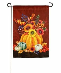 Outlet 😍 Evergreen Harvest Floral Pumpkin Bouquet Garden Textured Suede Flag - 14ES9374 - Garden Flags 👍
